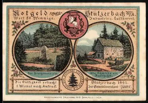 Notgeld Stützerbach 1921, 50 Pfennig, Dreiherrenstein und Alte Schmiede /Wasserschöpfszene mit Silhouetten und Text