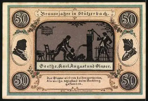 Notgeld Stützerbach 1921, 50 Pfennig, Dreiherrenstein und Alte Schmiede /Wasserschöpfszene mit Silhouetten und Text