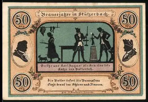 Notgeld Stützerbach 1921, 50 Pfennig, Goethe und Karl August mit Buttereinlage, Dreiherrenstein und alte Schmiede