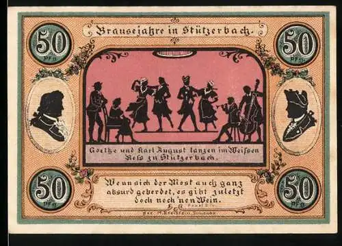 Notgeld Stützerbach, 1921, 50 Pfennig, Goethe und Karl August im Weissen Ross, Jagdschloss 1753 und Goethezimmer