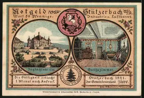 Notgeld Stützerbach, 1921, 50 Pfennig, Goethe und Karl August im Weissen Ross, Jagdschloss 1753 und Goethezimmer