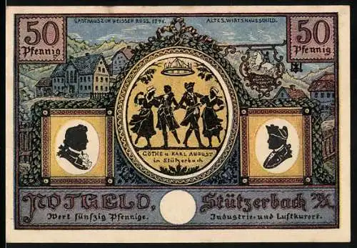 Notgeld Stützerbach 1921, 50 Pfennig, Goethe und Karl August in Stützerbach, Jagdschloss erbaut 1730