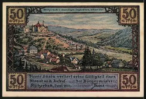 Notgeld Stützerbach 1921, 50 Pfennig, Goethe und Karl August in Stützerbach, Jagdschloss erbaut 1730