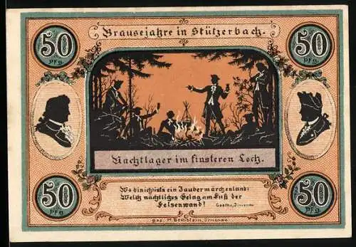 Notgeld Stützerbach 1921, 50 Pfennig, Jagdschloss 1733 und Nachtlager im finsteren Loch