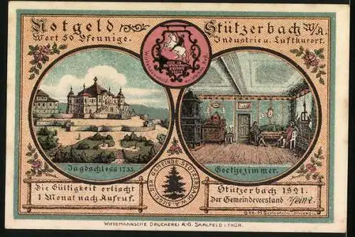 Notgeld Stützerbach 1921, 50 Pfennig, Jagdschloss 1733 und Nachtlager im finsteren Loch