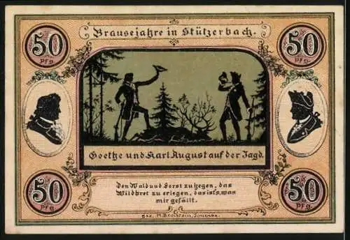 Notgeld Stützerbach 1921, 50 Pfennig, Jagdschloss und Goethe auf der Jagd