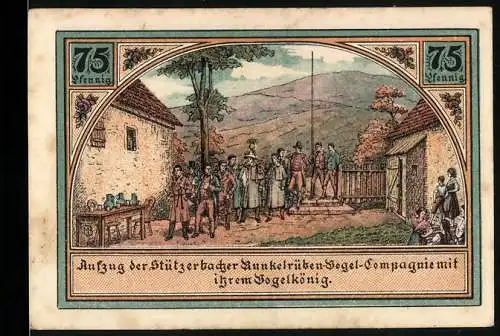 Notgeld Stützerbach 1921, 75 Pfennig, Aufzug der Stützerbacher Runkelrüben-Vogel-Compagnie und Drei-Kaiserstein