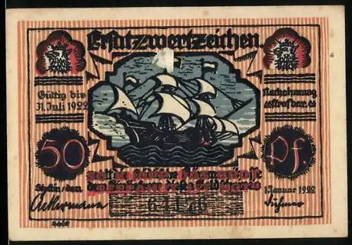 Notgeld Stettin 1922, 50 Pf, Segelschiff und Karl Löwe mit Kirche im Hintergrund