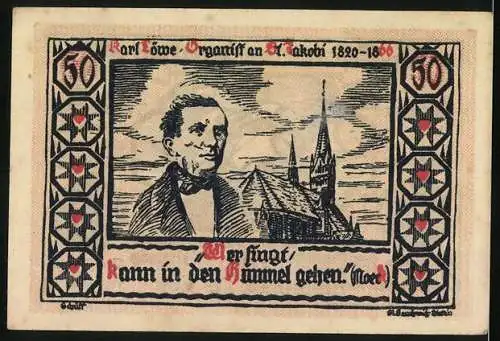 Notgeld Stettin 1922, 50 Pf, Segelschiff und Karl Löwe mit Kirche im Hintergrund