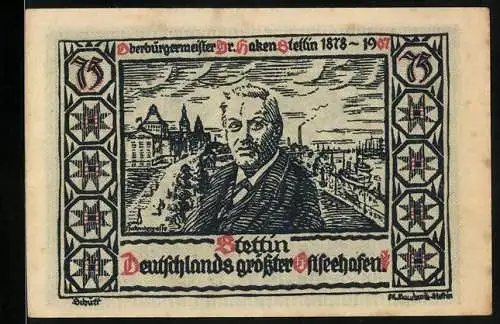 Notgeld Stettin 1922, 75 Pfennig, Dr. Haken und Segelschiff, gültig bis 31. Juli 1922