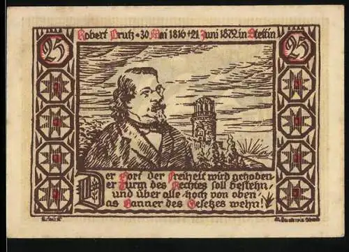 Notgeld Stettin 1922, 25 Pfennig, Robert Blum Porträt und Segelschiff, gültig bis 31. Juli 1922