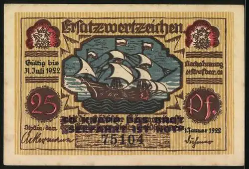 Notgeld Stettin 1922, 25 Pfennig, Robert Blum Porträt und Segelschiff, gültig bis 31. Juli 1922