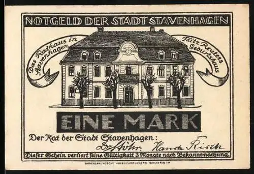 Notgeld Stavenhagen, 1 Mark, Rathaus und Porträt von Fritz Reuter, 3 Monate Gültigkeit