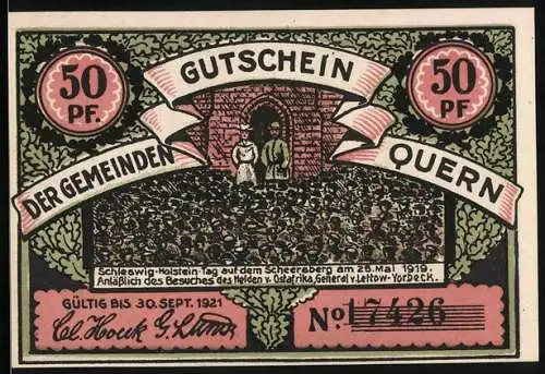 Notgeld Quern, 1921, 50 Pf, Gültig bis 30. Sept. 1921, Gutschein der Gemeinden Quern, Motiv Bismarckturm auf dem Scheer