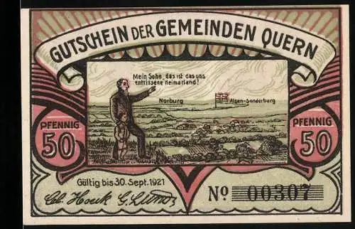 Notgeld Quern, 1921, 50 Pfennig, Vorderseite Mann deutet auf Norburg und Alsen-Sonderburg, Rückseite Bismarckturm