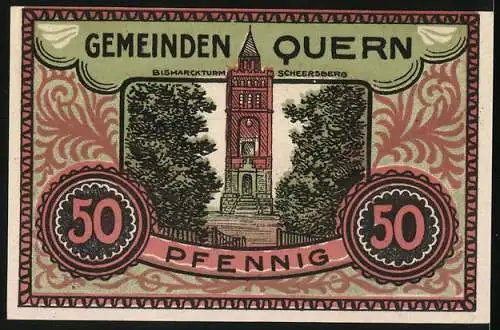 Notgeld Quern, 1921, 50 Pfennig, Vorderseite Mann deutet auf Norburg und Alsen-Sonderburg, Rückseite Bismarckturm