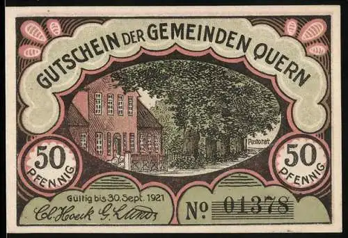 Notgeld Quern, 1921, 50 Pfennig, Pastorat und Kirche mit Denkmal, Gültig bis 30. Sept. 1921, Nr. 01378