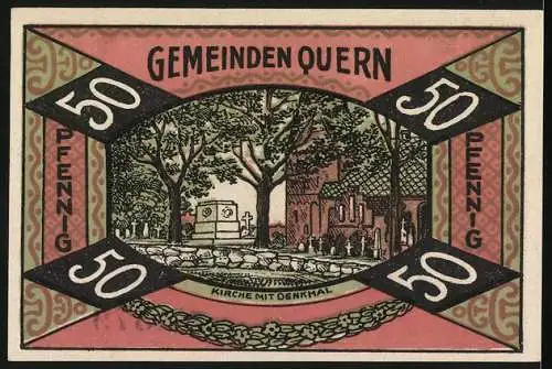 Notgeld Quern, 1921, 50 Pfennig, Pastorat und Kirche mit Denkmal, Gültig bis 30. Sept. 1921, Nr. 01378