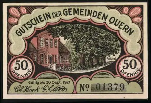 Notgeld Quern, 1921, 50 Pfennig, Kirche mit Denkmal und Pastorat, gültig bis 30. Sept. 1921