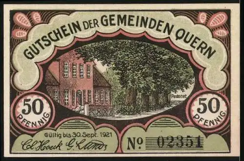 Notgeld Quern, 1921, 50 Pfennig, Kirche mit Denkmal und Pastorat