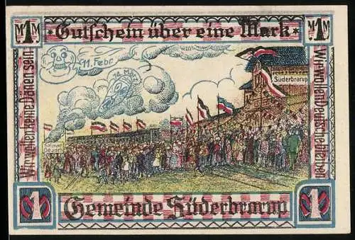 Notgeld Süderbrarup, 1 Mark, Schleswig-Holstein-Schild und Menschenmenge vor Gebäude mit Fahnen