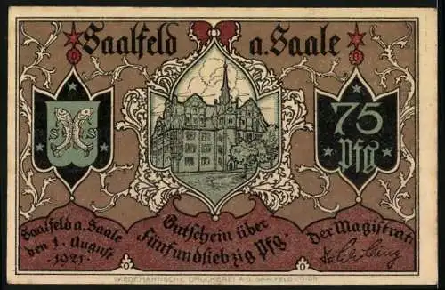 Notgeld Saalfeld an der Saale 1921, 75 Pfennig, Empfang von Emigranten auf dem Markt, Rückseite Wappen und Gebäude