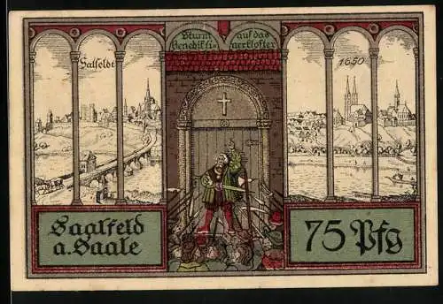Notgeld Saalfeld a. Saale 1921, 75 Pf, Stadtansichten und Burgtorillustration