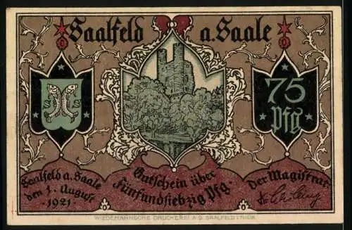 Notgeld Saalfeld a. Saale 1921, 75 Pf, Stadtansichten und Burgtorillustration