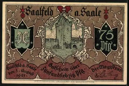 Notgeld Saalfeld a. Saale 1921, 75 Pfennig, Postkutsche und mittelalterliche Gebäude