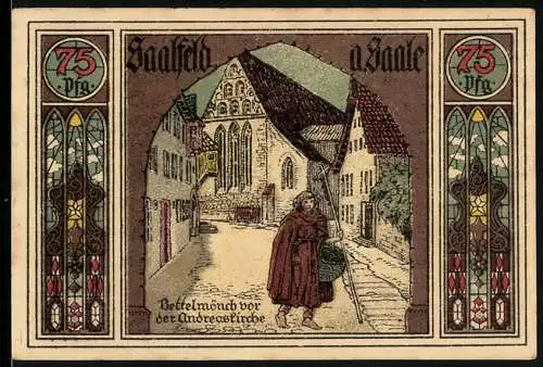 Notgeld Saalfeld a. Saale 1921, 75 Pf, Bettelmönch vor der Andreaskirche, Wappen und Inschrift Rückseite