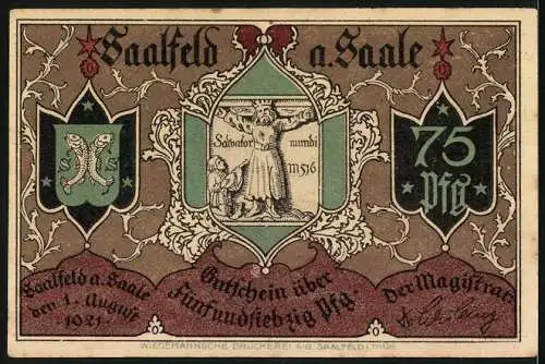 Notgeld Saalfeld a. Saale 1921, 75 Pf, Bettelmönch vor der Andreaskirche, Wappen und Inschrift Rückseite