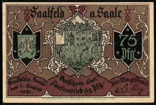 Notgeld Saalfeld an der Saale 1921, 75 Pfennig, Burg und Handel über die alte Saalbrücke