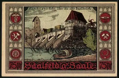 Notgeld Saalfeld an der Saale 1921, 75 Pfennig, Burg und Handel über die alte Saalbrücke