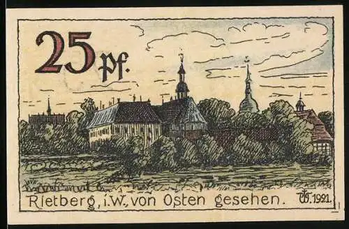 Notgeld Rietberg 1921, 25 Pfennig, Stadtansicht von Osten und Wappen der Stadt Rietberg