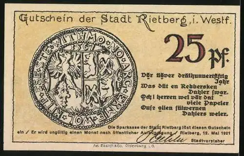 Notgeld Rietberg 1921, 25 Pfennig, Stadtansicht von Osten und Wappen der Stadt Rietberg