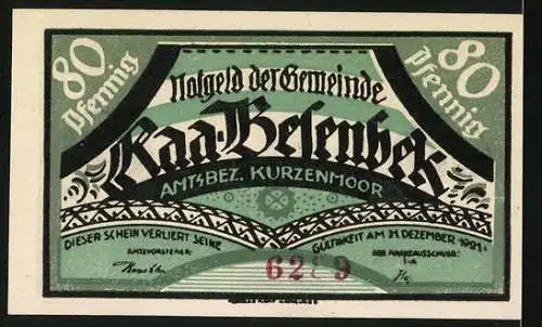 Notgeld Raa-Besenbek 1921, 80 Pfennig, Arbeiter mit Säge und Text Arbeit ist des Bürgers Lande - Segen ist ...