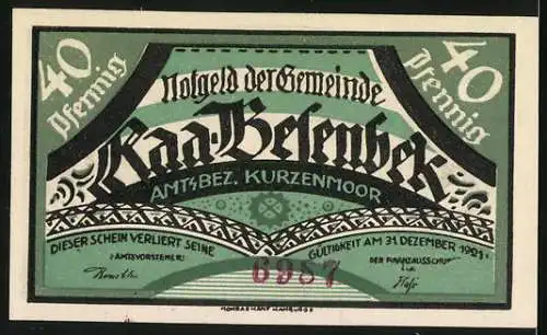 Notgeld Raa-Besenbek, 1921, 40 Pfennig, Arbeit ist des Bürgers Zierde - Segen ist der Mühe Preis