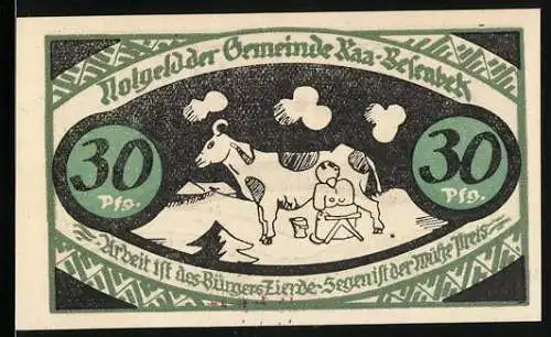 Notgeld Raa-Besenbek, 1921, 30 Pfennig, Milchende Frau neben Kuh und Inschrift Arbeit ist des Bürgers Zierde