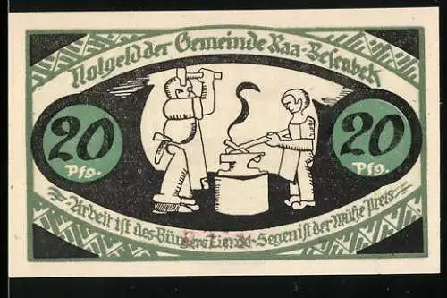 Notgeld Raa-Besenbek, 1921, 20 Pfennig, Schmied und Maurer bei der Arbeit, Gültigkeit bis 31. Dezember 1921