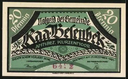 Notgeld Raa-Besenbek, 1921, 20 Pfennig, Schmied und Maurer bei der Arbeit, Gültigkeit bis 31. Dezember 1921