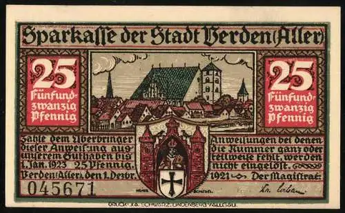 Notgeld Verden (Aller), 1921, 25 Pfennig, Stadtansicht und Störtebecker-Gedächtnis