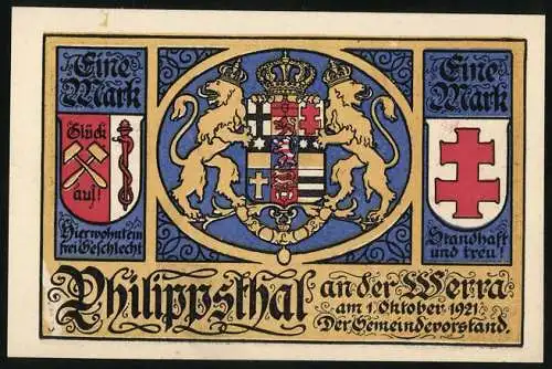 Notgeld Philippsthal 1921, 1 Mark, Löwenwappen und Klosterzerstörung im Bauernkrieg 1525