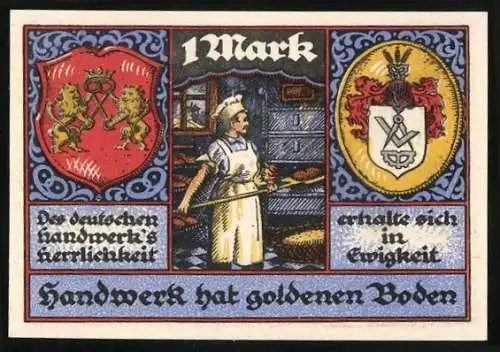 Notgeld Stolzenau 1921, 1 Mark, Handwerksszene und Wappen, Gutschein über 1 Mark