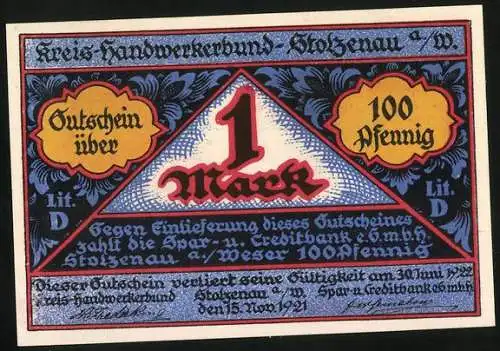 Notgeld Stolzenau 1921, 1 Mark, Handwerksszene und Wappen, Gutschein über 1 Mark