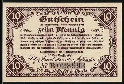 Notgeld Klostermansfeld 1920, 10 Pfennig, Gutschein der Einkaufvereinigung der Kaufleute mit Schloss Mansfeld