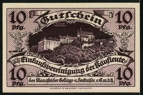 Notgeld Klostermansfeld 1920, 10 Pfennig, Gutschein der Einkaufvereinigung der Kaufleute mit Schloss Mansfeld