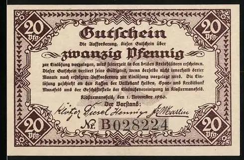 Notgeld Klostermansfeld 1920, 20 Pfennig, Gutschein der Einkaufsvereinigung der Kaufleute, Schloss Mansfeld