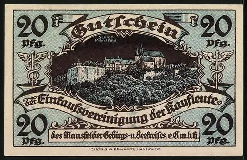 Notgeld Klostermansfeld 1920, 20 Pfennig, Gutschein der Einkaufsvereinigung der Kaufleute, Schloss Mansfeld