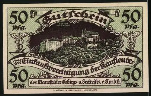 Notgeld Klostermansfeld, 1920, 50 Pfennig, Schloss Mansfeld und Text in lila und grün