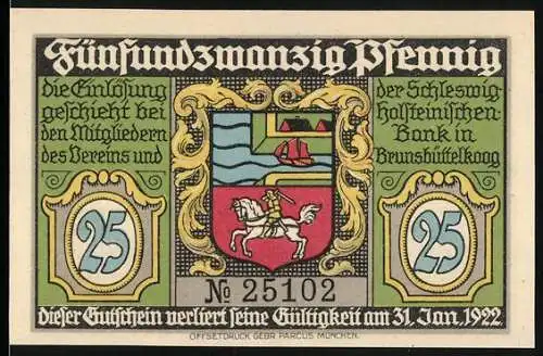 Notgeld Brunsbüttelkoog, 1922, 25 Pfennig, Vereinsmitglied Einlösung, Nordsee-Kanal und Leuchtturm